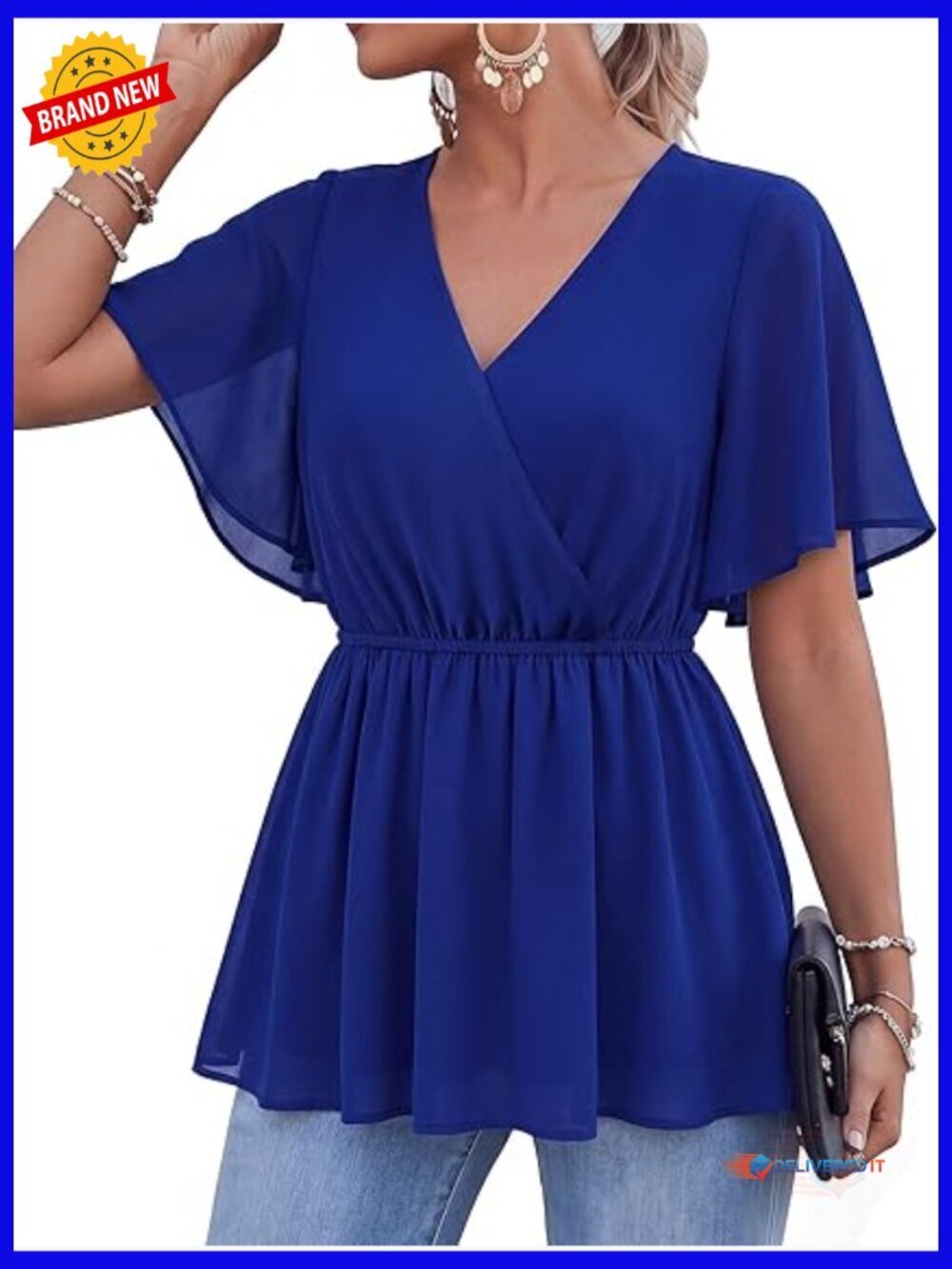 Elegant V Neck Ruffle Sleeve Peplum Chiffon Blouse